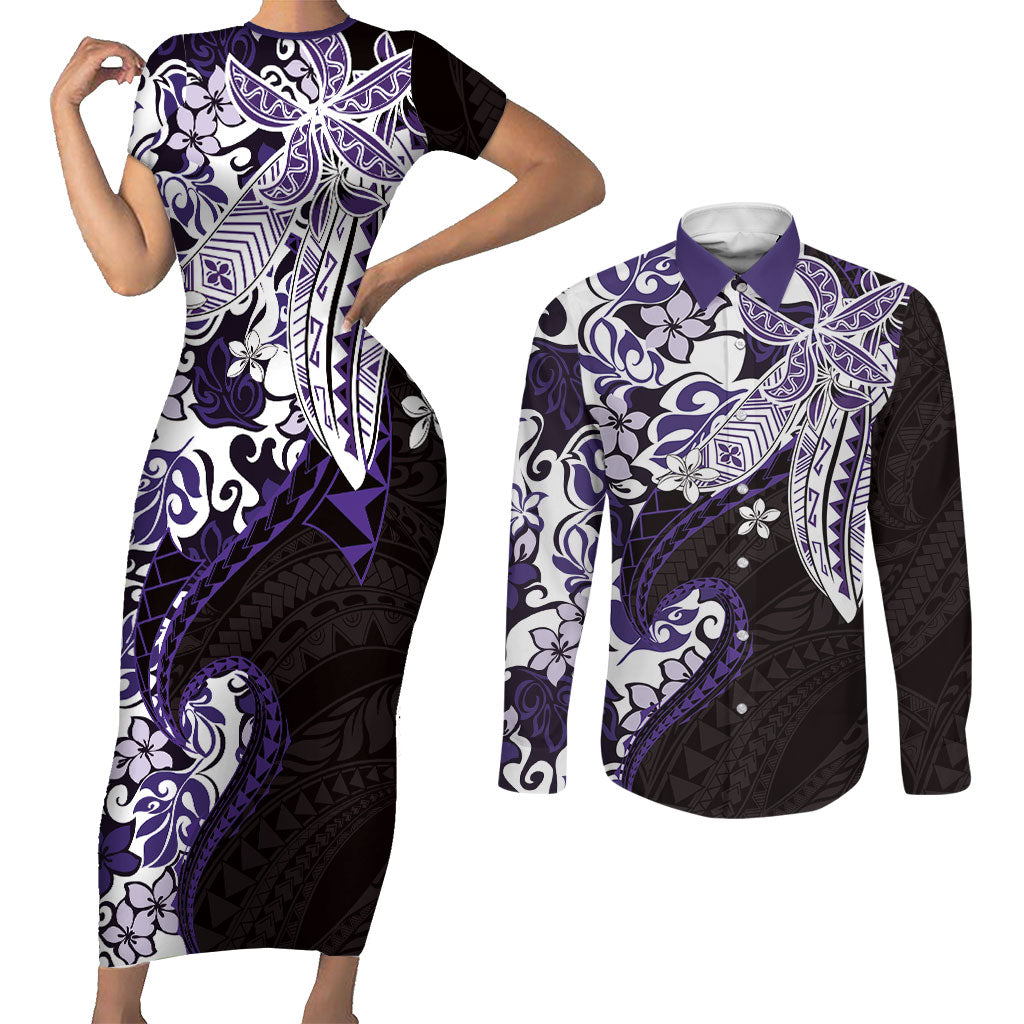 Monstera Plumeria Flowers Purple Couples Matching Short Sleeve Bodycon Dress and Long Sleeve Button Shirt Polynesian Pattern LT01 Purple - Polynesian Pride