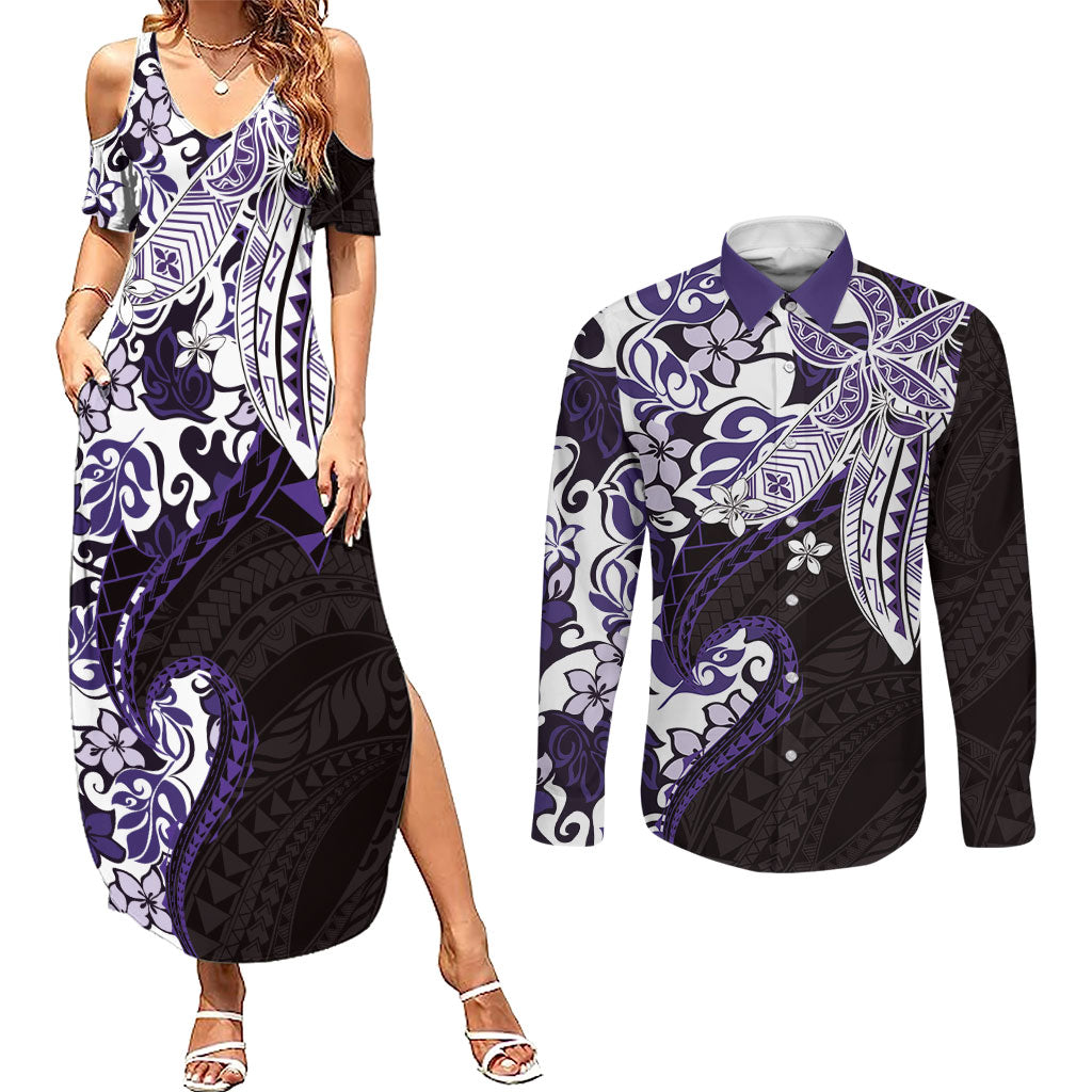 Monstera Plumeria Flowers Purple Couples Matching Summer Maxi Dress and Long Sleeve Button Shirt Polynesian Pattern LT01 Purple - Polynesian Pride