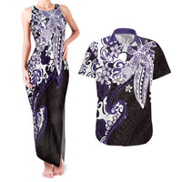 Monstera Plumeria Flowers Purple Couples Matching Tank Maxi Dress and Hawaiian Shirt Polynesian Pattern