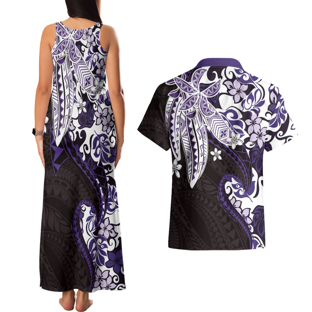 Monstera Plumeria Flowers Purple Couples Matching Tank Maxi Dress and Hawaiian Shirt Polynesian Pattern