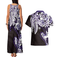 Monstera Plumeria Flowers Purple Couples Matching Tank Maxi Dress and Hawaiian Shirt Polynesian Pattern