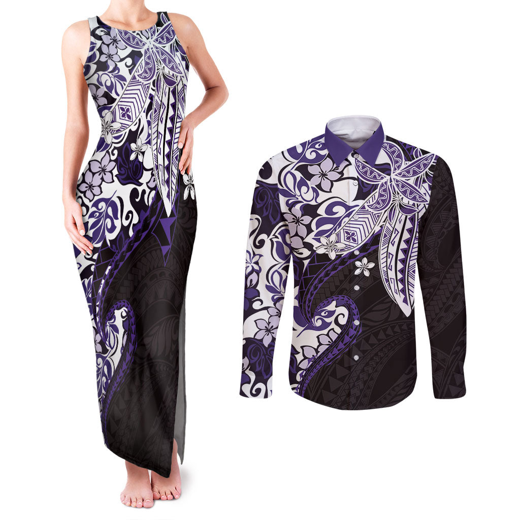Monstera Plumeria Flowers Purple Couples Matching Tank Maxi Dress and Long Sleeve Button Shirt Polynesian Pattern LT01 Purple - Polynesian Pride