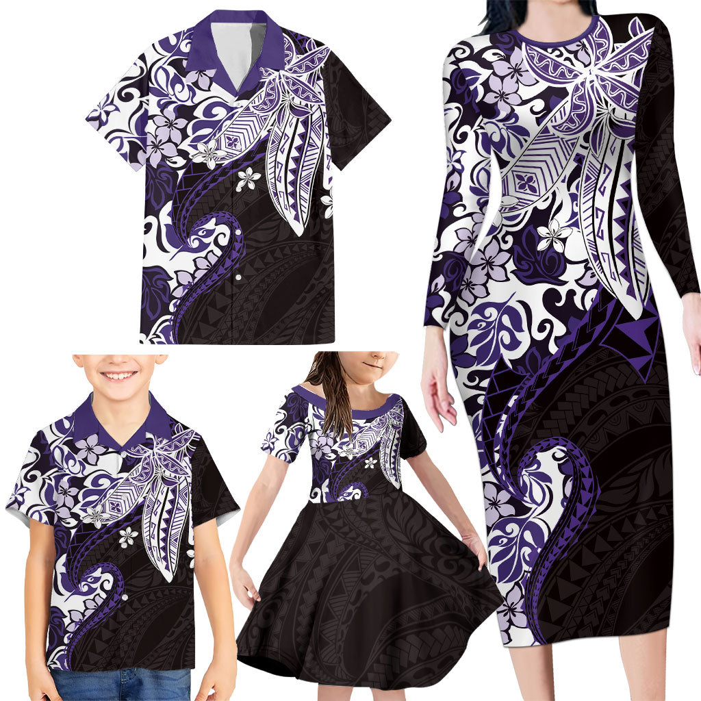 Monstera Plumeria Flowers Purple Family Matching Long Sleeve Bodycon Dress and Hawaiian Shirt Polynesian Pattern