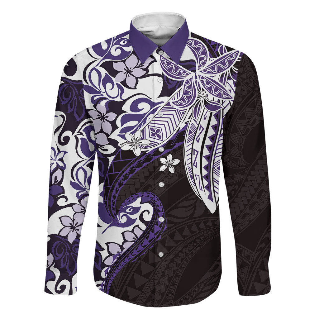 Monstera Plumeria Flowers Purple Family Matching Long Sleeve Bodycon Dress and Hawaiian Shirt Polynesian Pattern