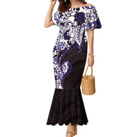 Monstera Plumeria Flowers Purple Family Matching Mermaid Dress and Hawaiian Shirt Polynesian Pattern