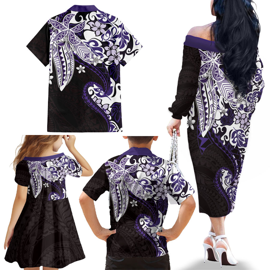 Monstera Plumeria Flowers Purple Family Matching Off The Shoulder Long Sleeve Dress and Hawaiian Shirt Polynesian Pattern
