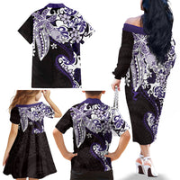 Monstera Plumeria Flowers Purple Family Matching Off The Shoulder Long Sleeve Dress and Hawaiian Shirt Polynesian Pattern