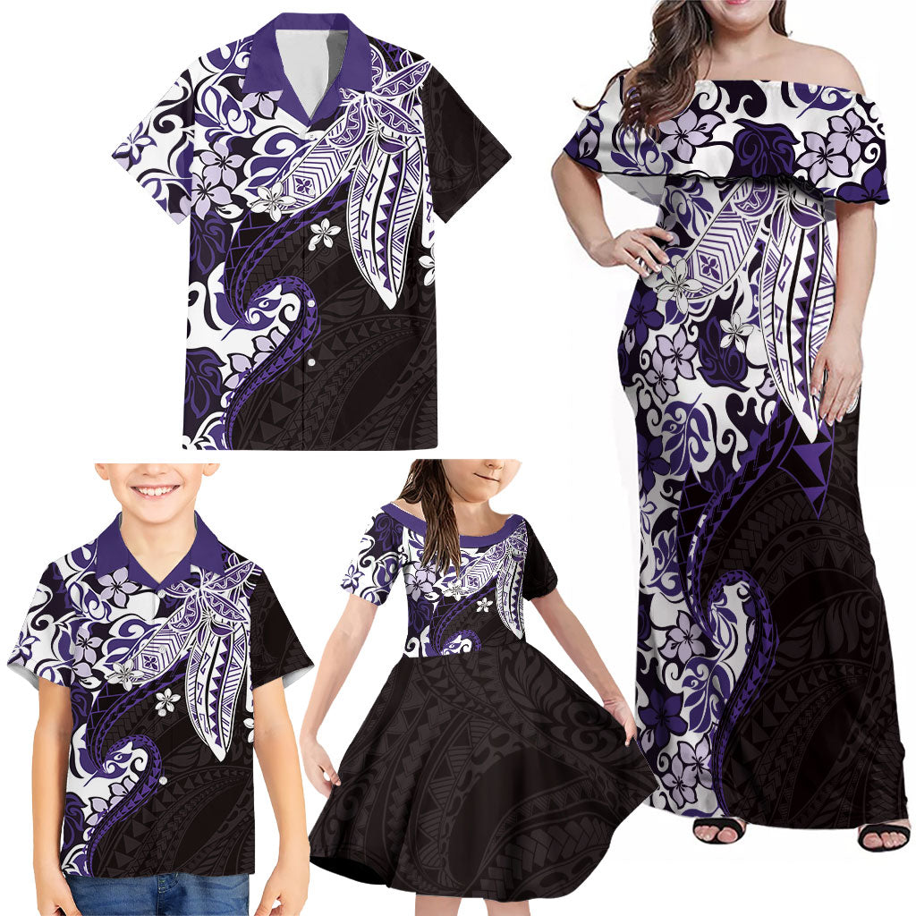 Monstera Plumeria Flowers Purple Family Matching Off Shoulder Maxi Dress and Hawaiian Shirt Polynesian Pattern
