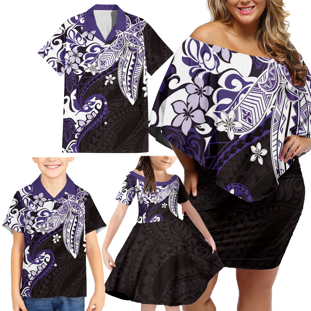 Monstera Plumeria Flowers Purple Family Matching Off Shoulder Short Dress and Hawaiian Shirt Polynesian Pattern