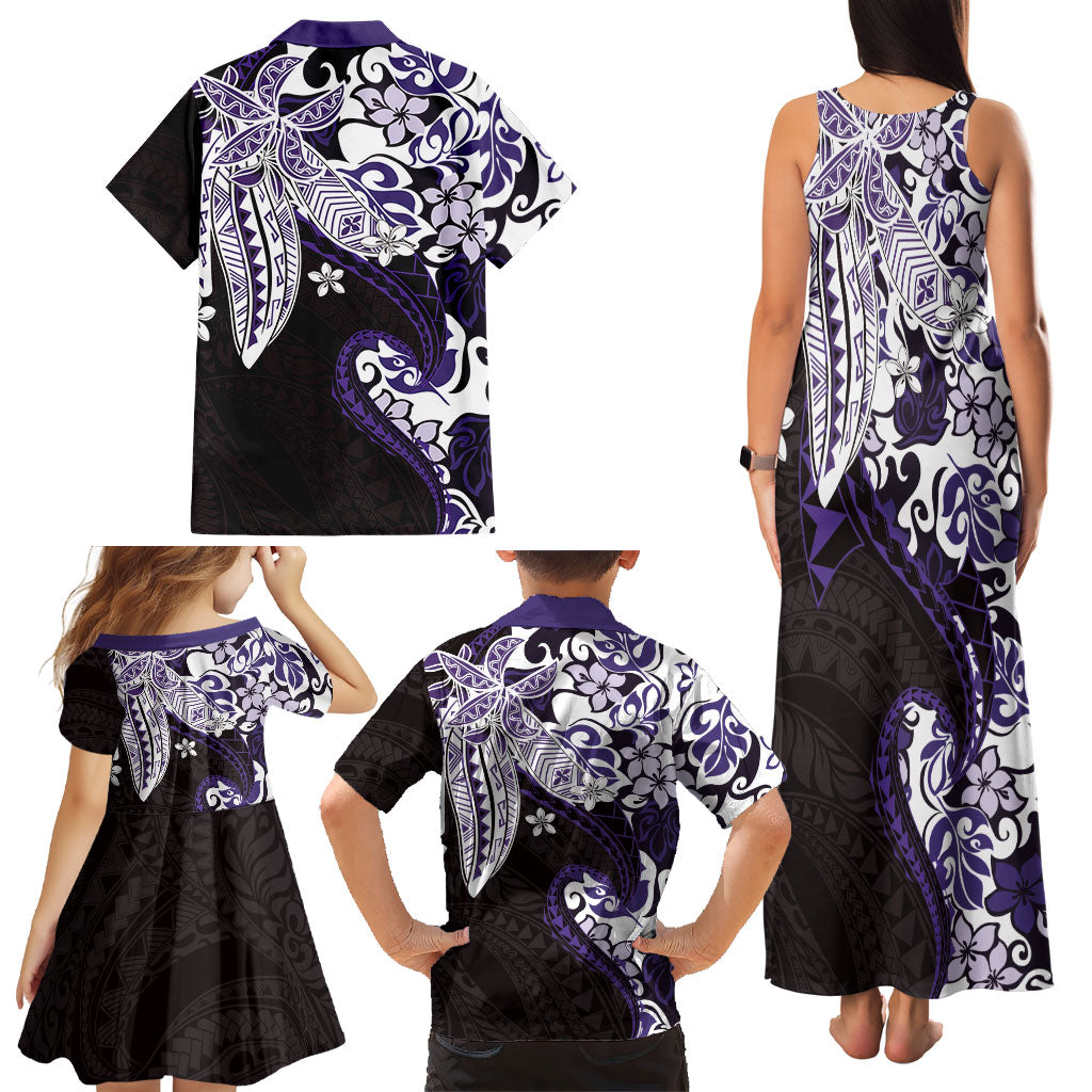 Monstera Plumeria Flowers Purple Family Matching Tank Maxi Dress and Hawaiian Shirt Polynesian Pattern