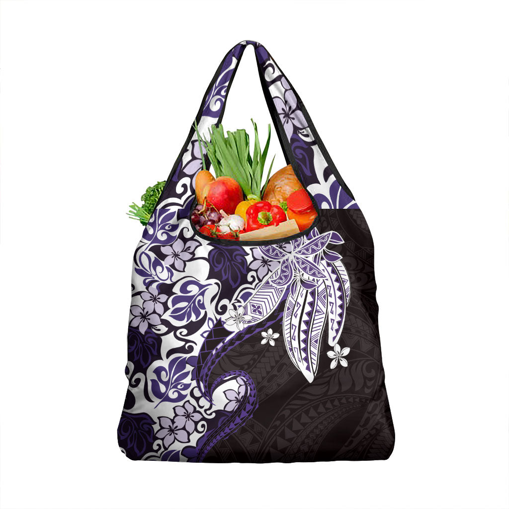 Monstera Plumeria Flowers Purple Grocery Bag Polynesian Pattern