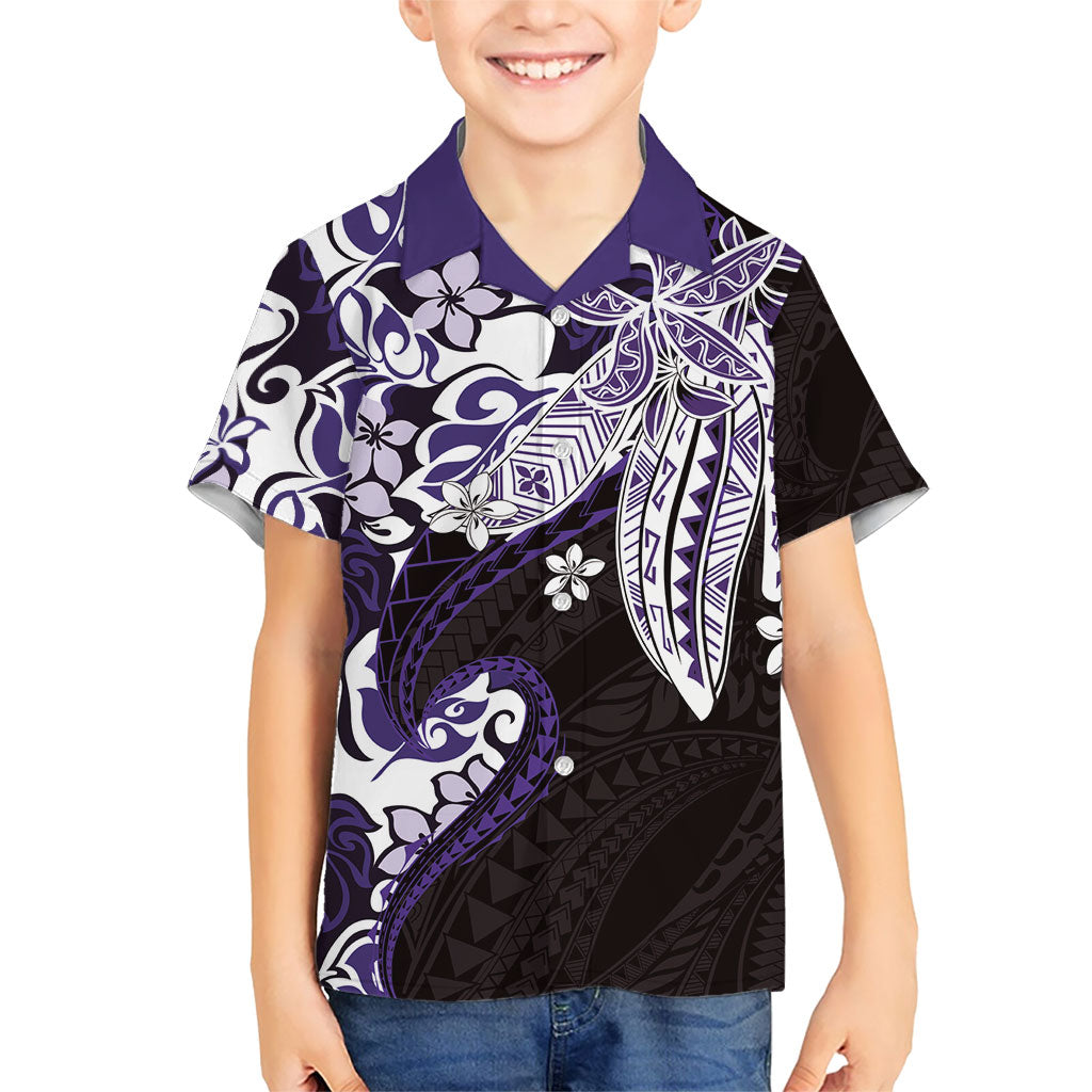 Monstera Plumeria Flowers Purple Kid Hawaiian Shirt Polynesian Pattern