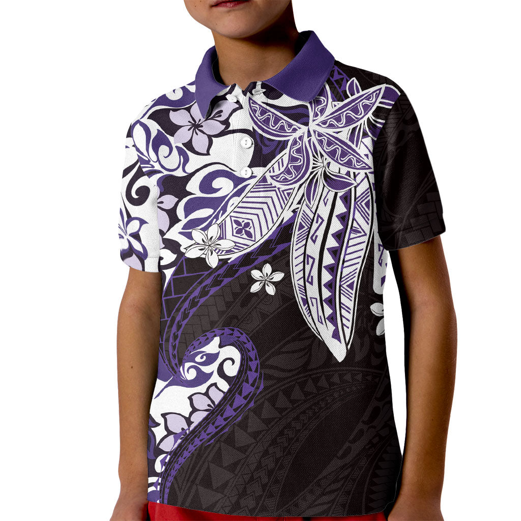 Monstera Plumeria Flowers Purple Kid Polo Shirt Polynesian Pattern