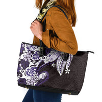 Monstera Plumeria Flowers Purple Leather Tote Bag Polynesian Pattern