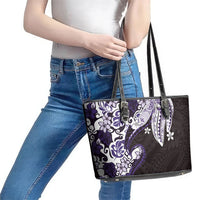 Monstera Plumeria Flowers Purple Leather Tote Bag Polynesian Pattern
