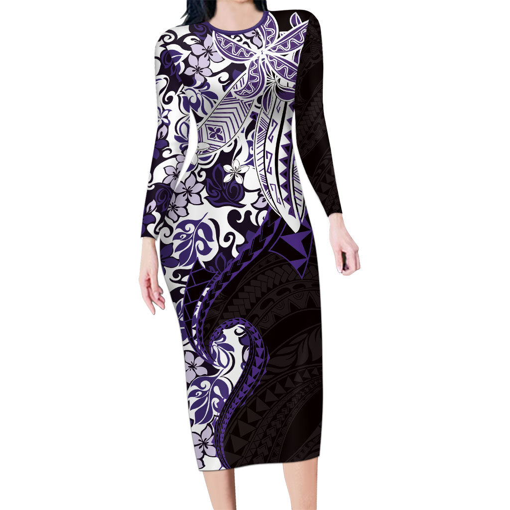 Monstera Plumeria Flowers Purple Long Sleeve Bodycon Dress Polynesian Pattern LT01 Long Dress Purple - Polynesian Pride