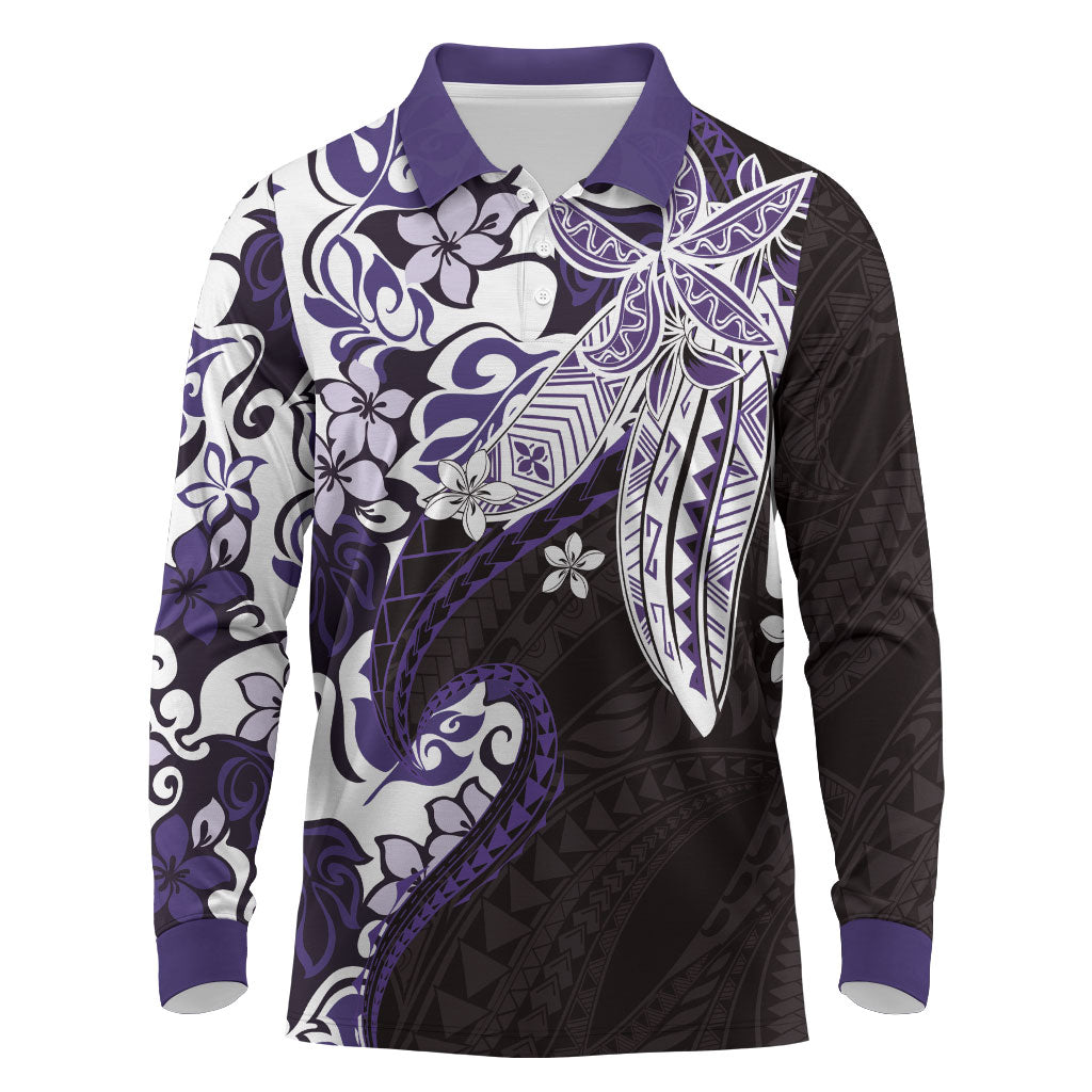 Monstera Plumeria Flowers Purple Long Sleeve Polo Shirt Polynesian Pattern LT01 Purple - Polynesian Pride