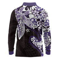 Monstera Plumeria Flowers Purple Long Sleeve Polo Shirt Polynesian Pattern