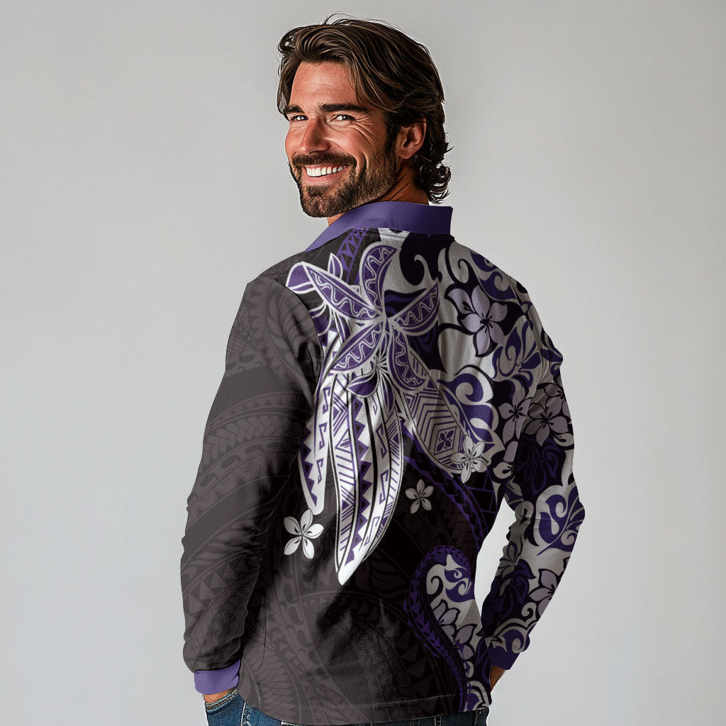 Monstera Plumeria Flowers Purple Long Sleeve Polo Shirt Polynesian Pattern