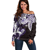 Monstera Plumeria Flowers Purple Off Shoulder Sweater Polynesian Pattern