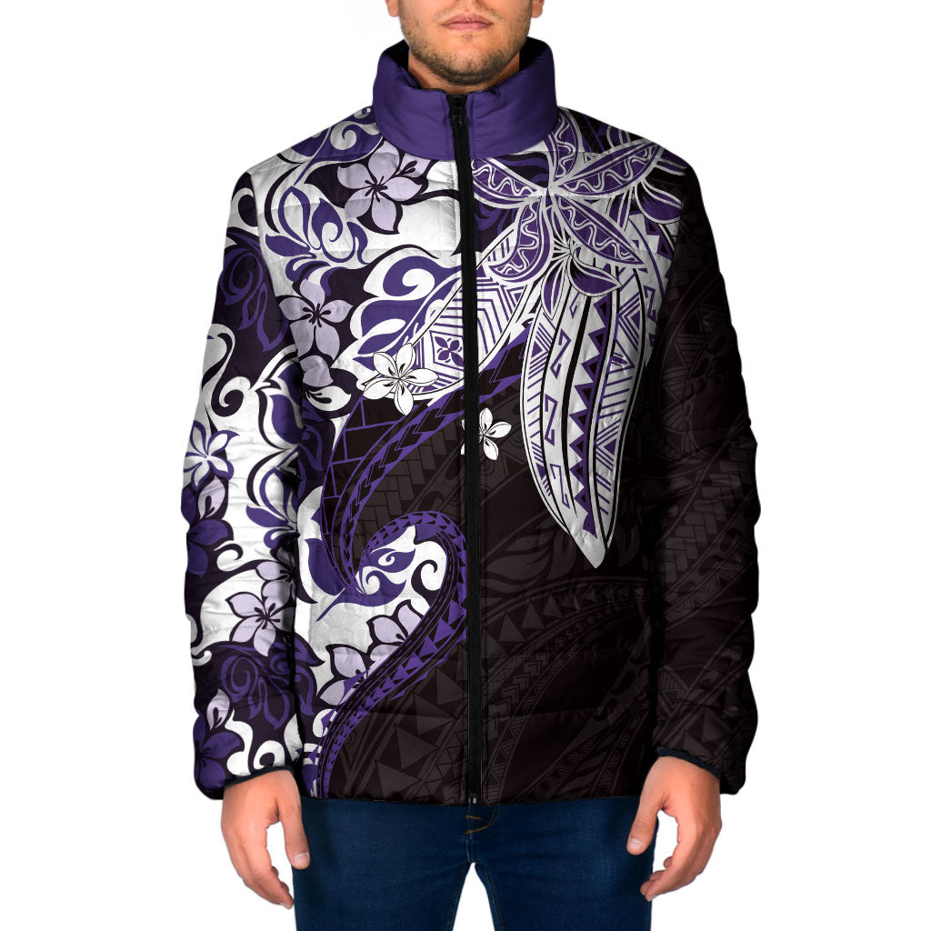 Monstera Plumeria Flowers Purple Padded Jacket Polynesian Pattern