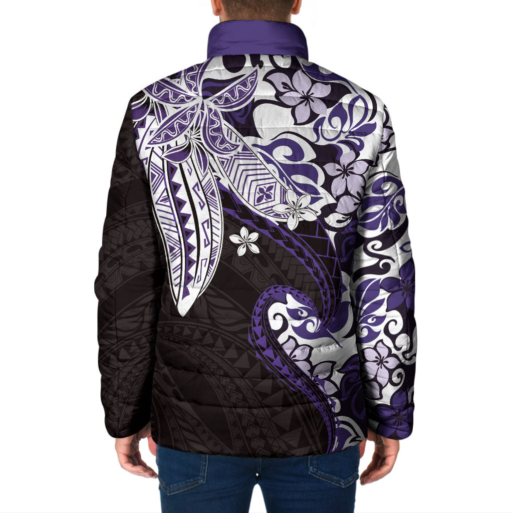 Monstera Plumeria Flowers Purple Padded Jacket Polynesian Pattern