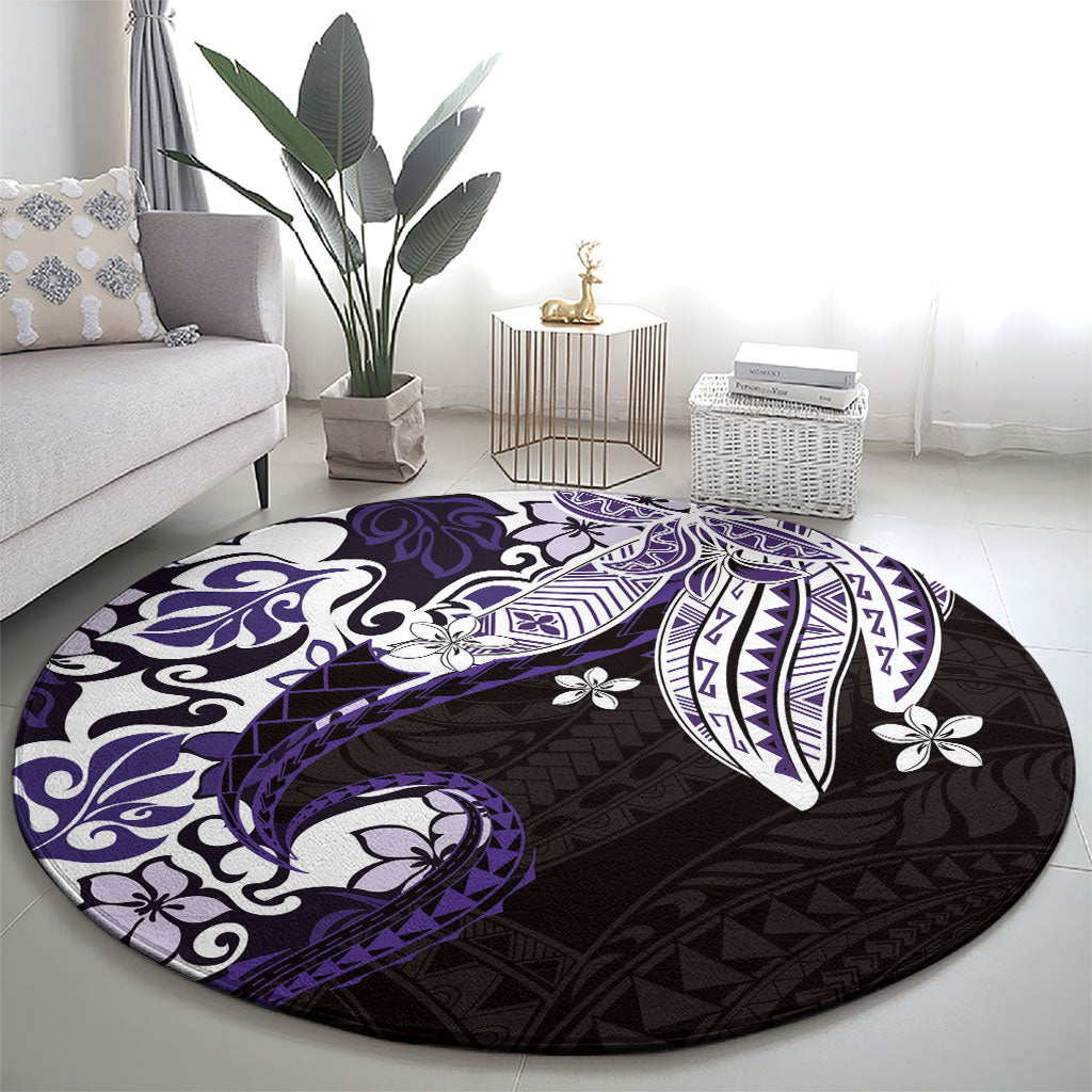 Monstera Plumeria Flowers Purple Round Carpet Polynesian Pattern