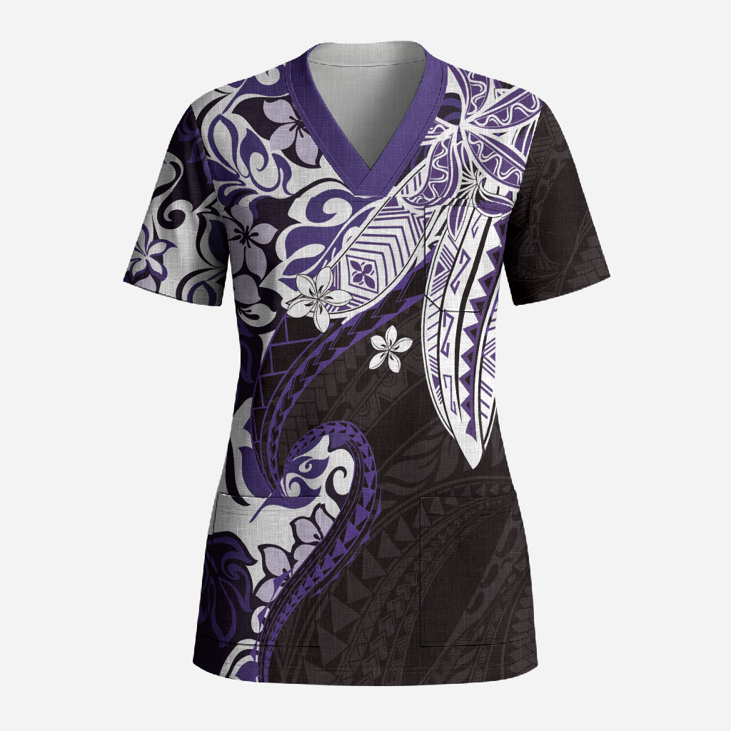 Monstera Plumeria Flowers Purple Scrub Top Polynesian Pattern
