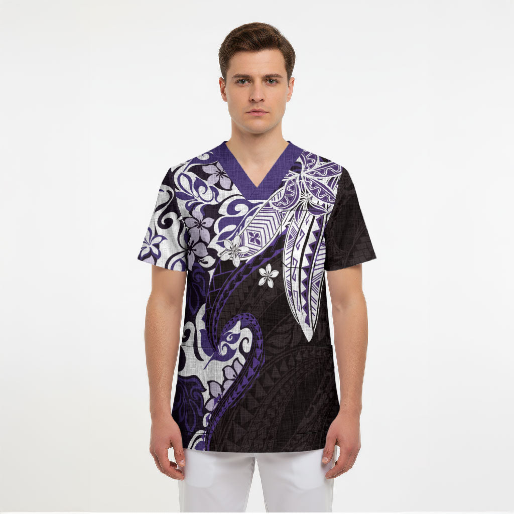 Monstera Plumeria Flowers Purple Scrub Top Polynesian Pattern