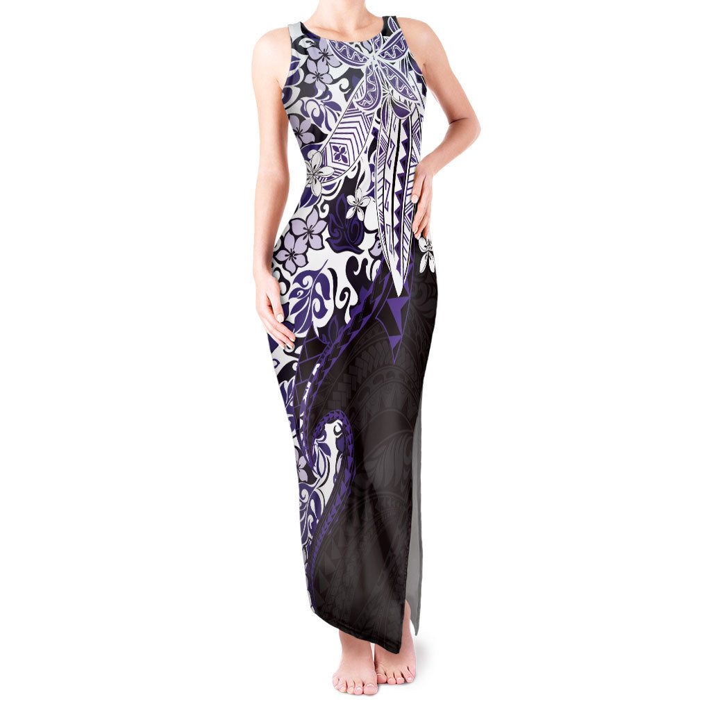 Monstera Plumeria Flowers Purple Tank Maxi Dress Polynesian Pattern