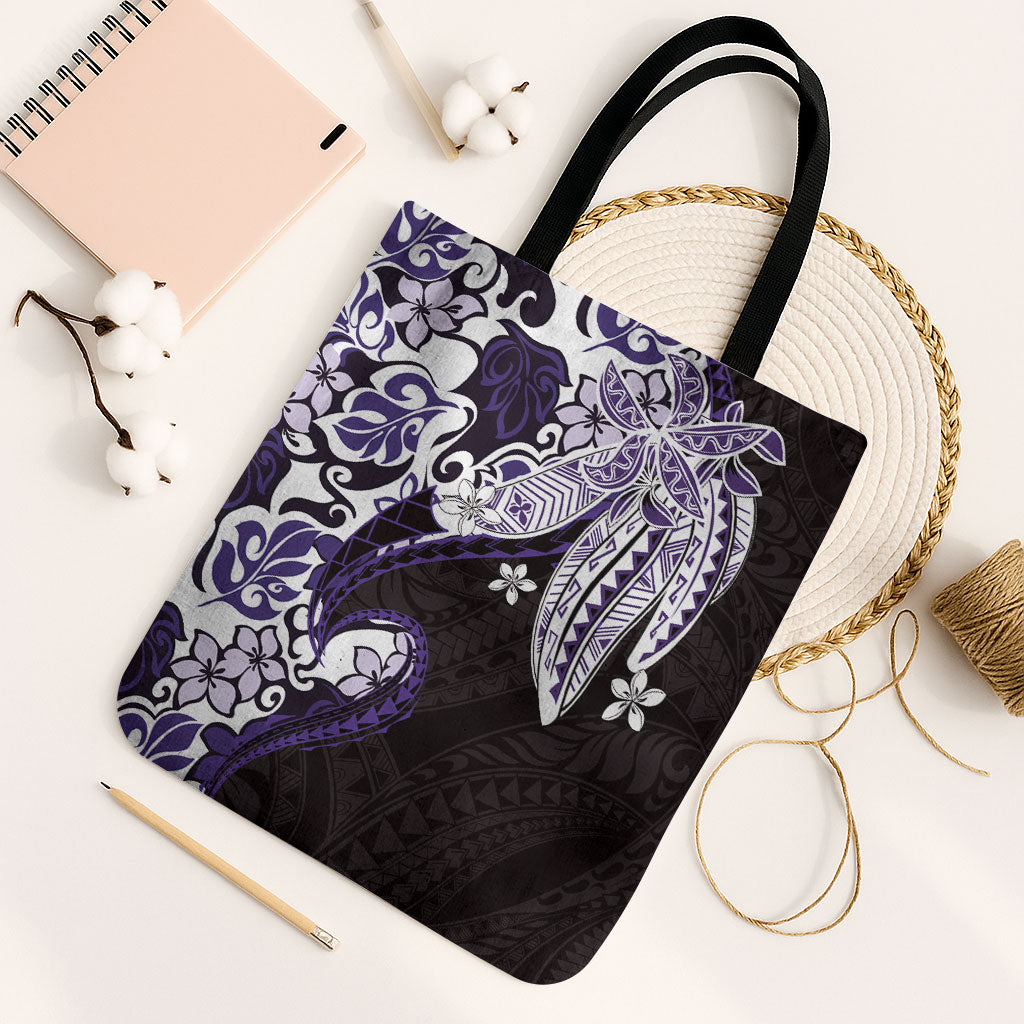 Monstera Plumeria Flowers Purple Tote Bag Polynesian Pattern LT01 Black Strap One Size Purple - Polynesian Pride