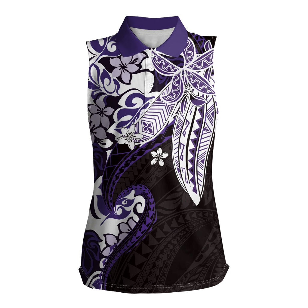 Monstera Plumeria Flowers Purple Women Sleeveless Polo Shirt Polynesian Pattern LT01 Female Purple - Polynesian Pride