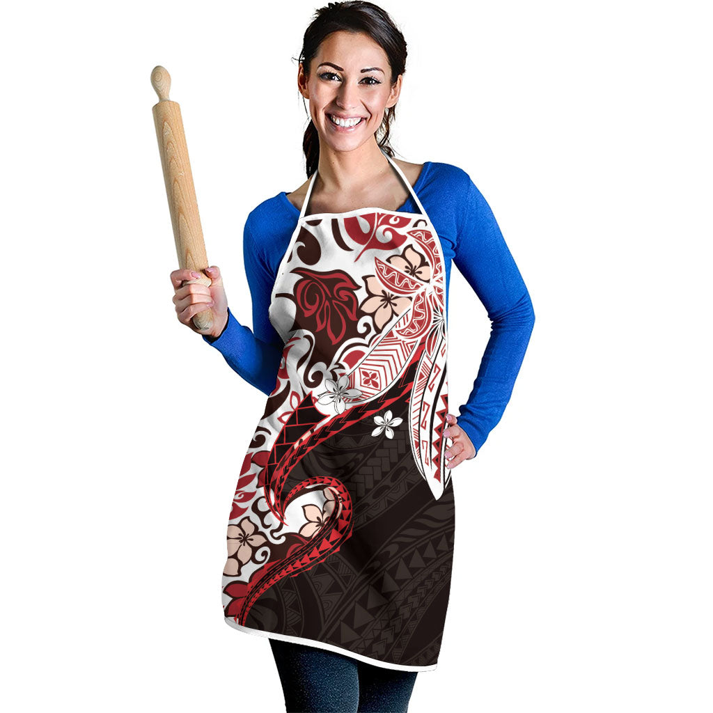 Monstera Plumeria Flowers Red Apron Polynesian Pattern
