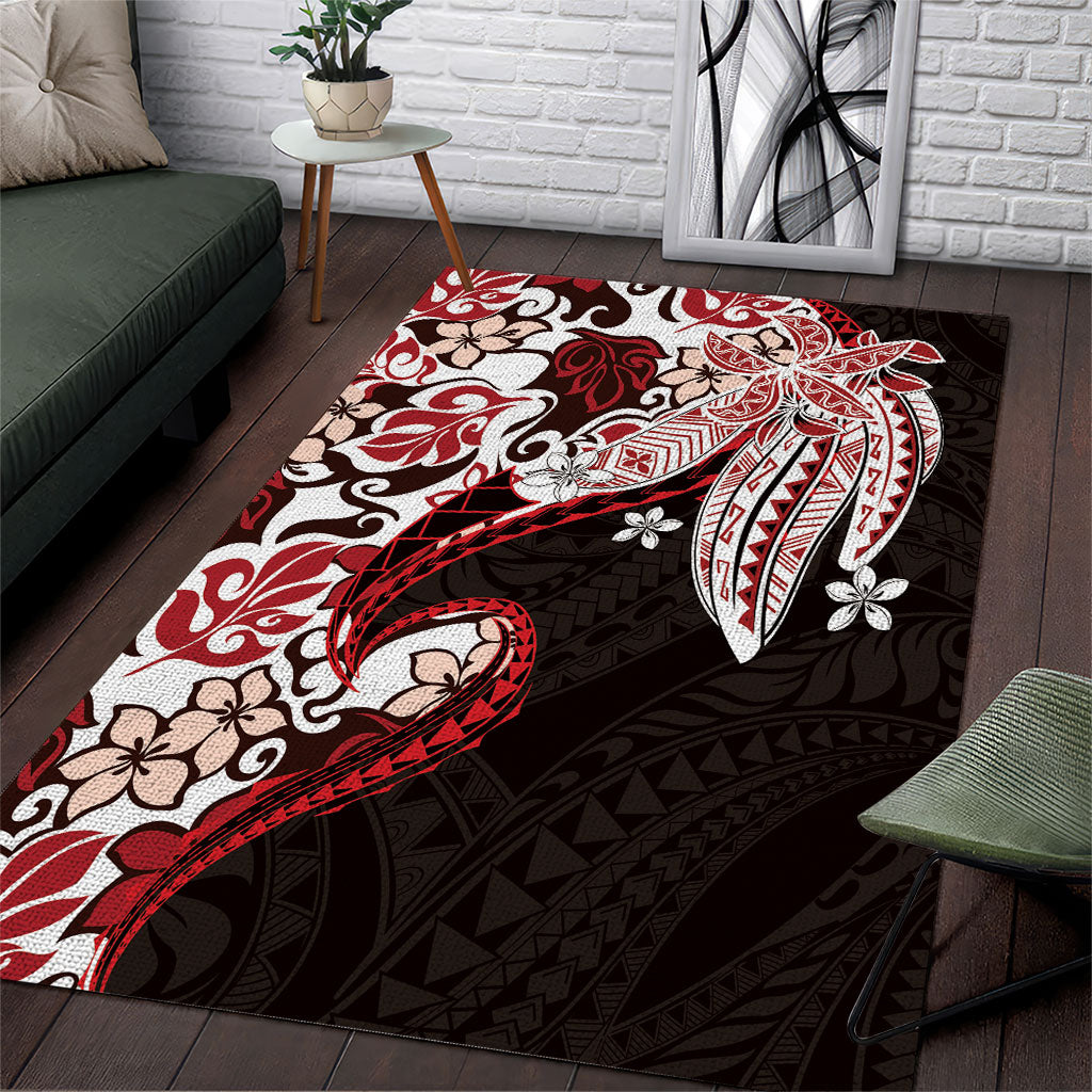 Monstera Plumeria Flowers Red Area Rug Polynesian Pattern