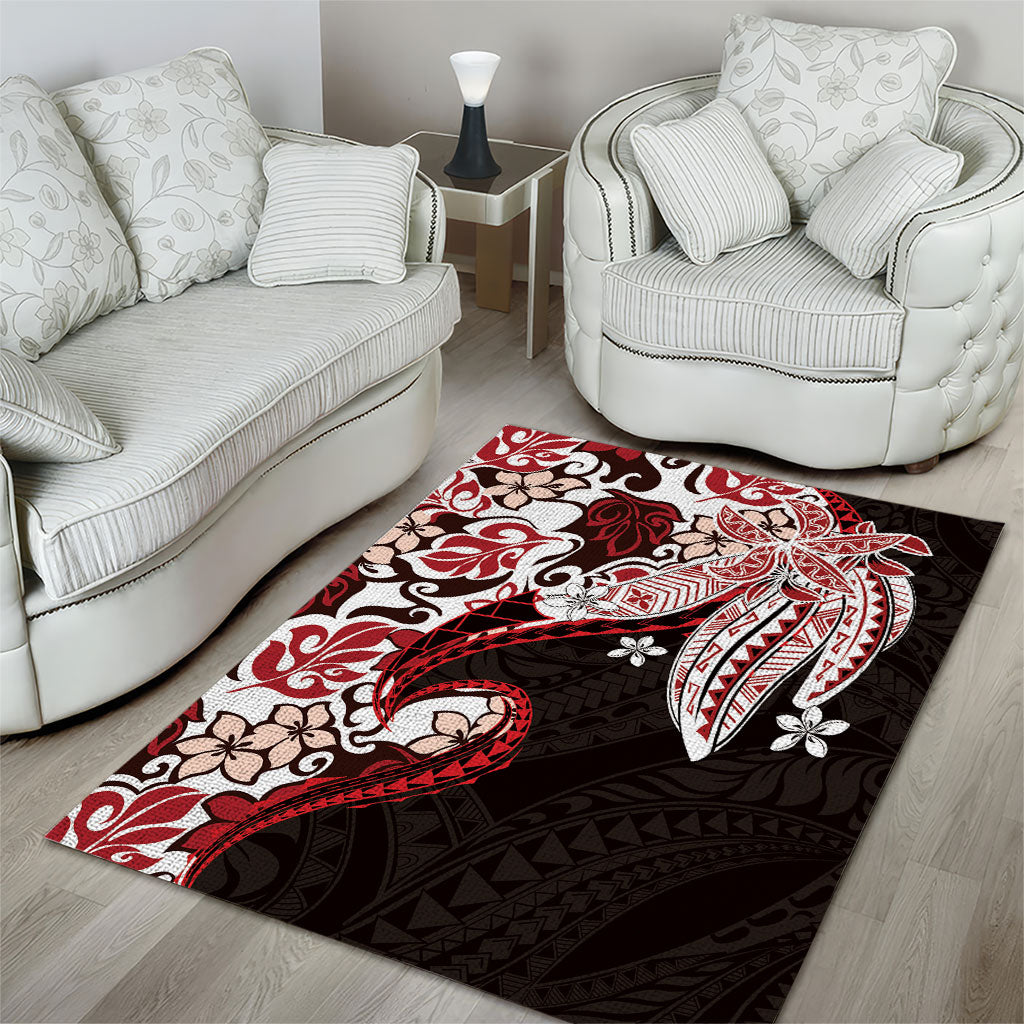 Monstera Plumeria Flowers Red Area Rug Polynesian Pattern