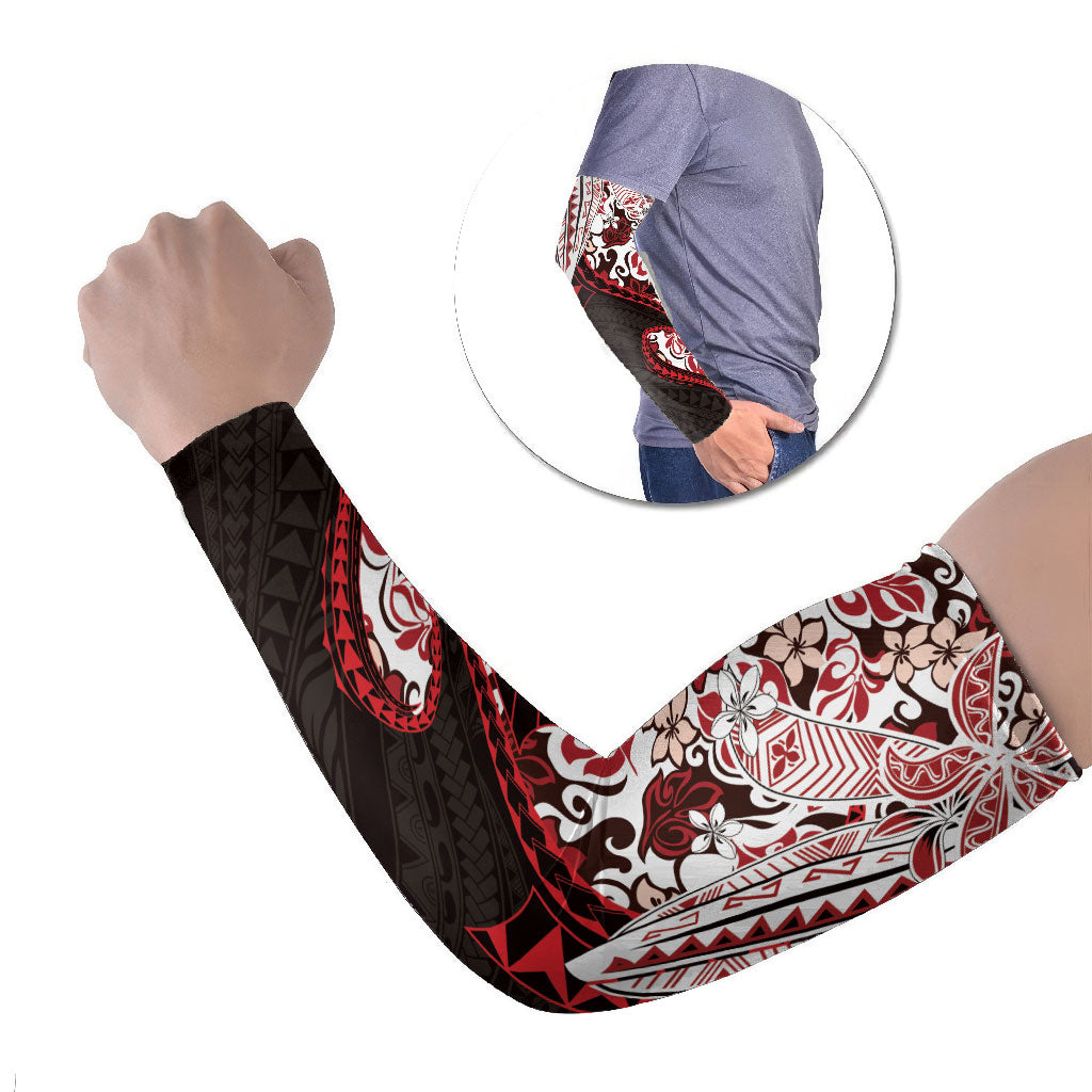 Monstera Plumeria Flowers Red Arm Sleeves Polynesian Pattern
