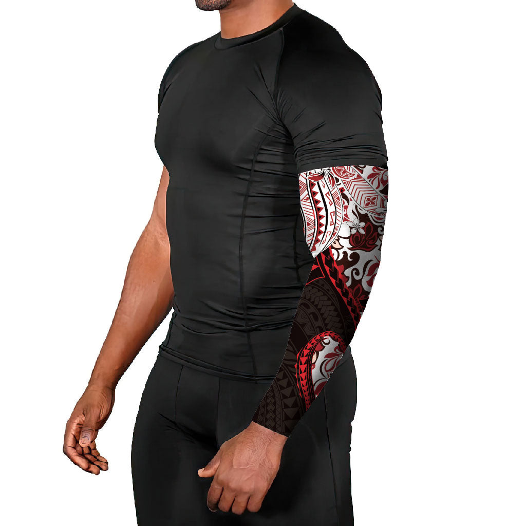 Monstera Plumeria Flowers Red Arm Sleeves Polynesian Pattern