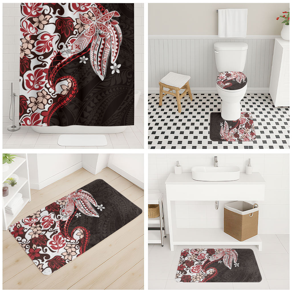 Monstera Plumeria Flowers Red Bathroom Set Polynesian Pattern