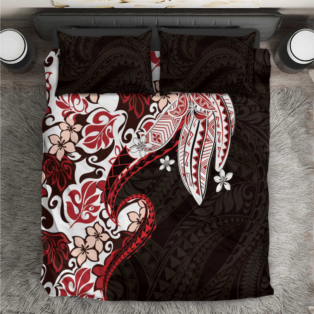 Monstera Plumeria Flowers Red Bedding Set Polynesian Pattern