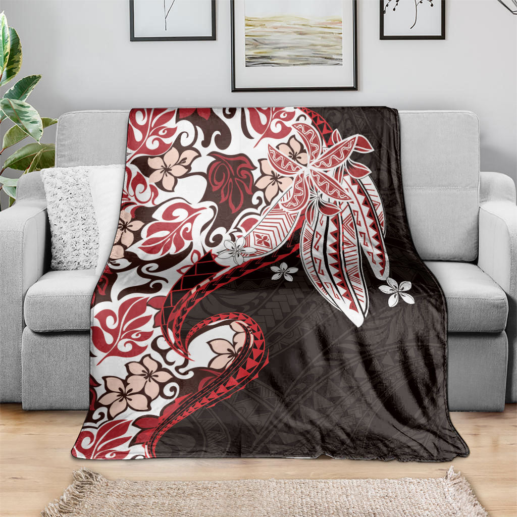 Monstera Plumeria Flowers Red Blanket Polynesian Pattern