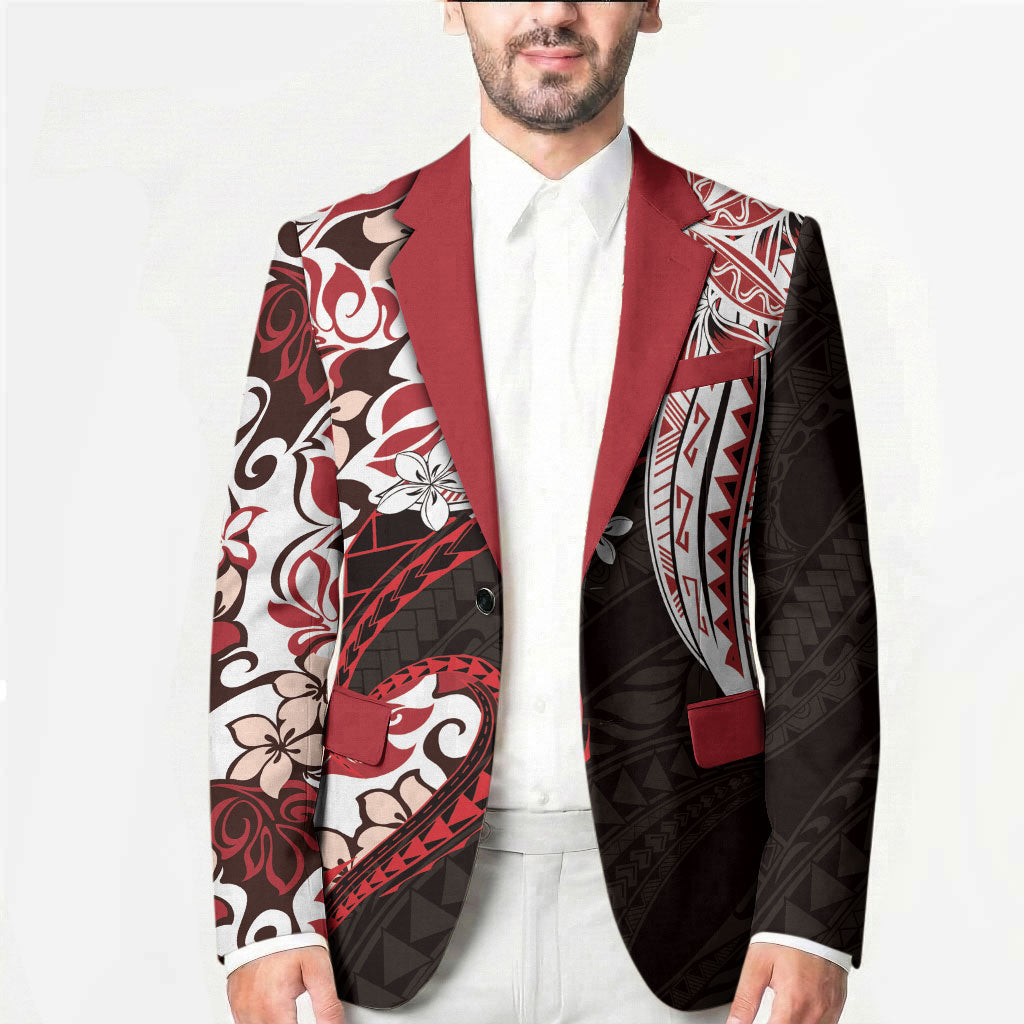 Monstera Plumeria Flowers Red Blazer Polynesian Pattern