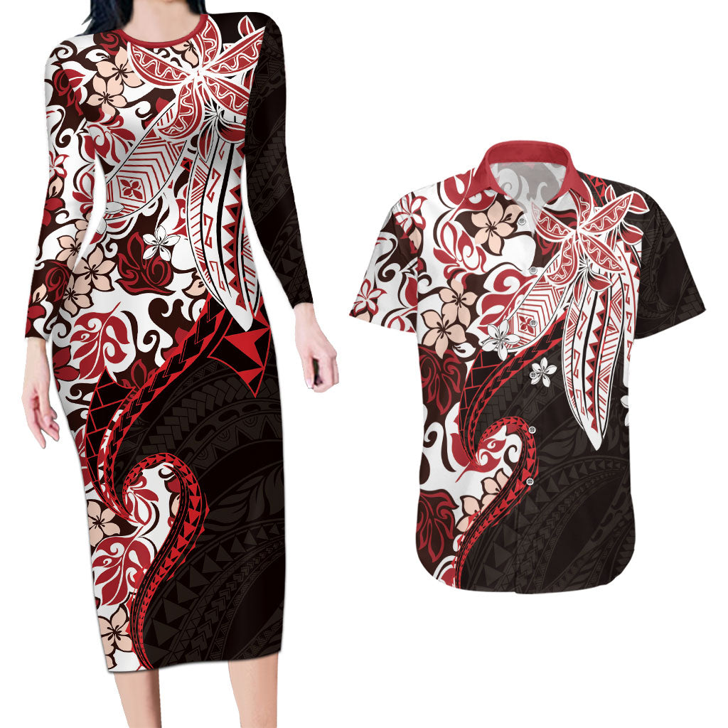 Monstera Plumeria Flowers Red Couples Matching Long Sleeve Bodycon Dress and Hawaiian Shirt Polynesian Pattern LT01 Red - Polynesian Pride