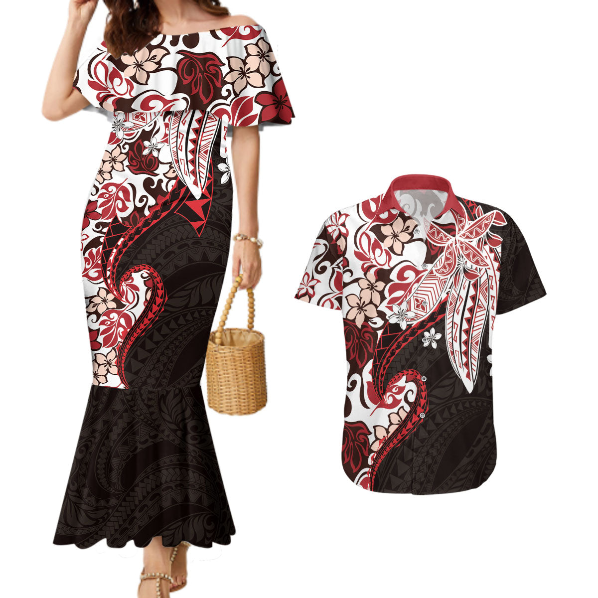 Monstera Plumeria Flowers Red Couples Matching Mermaid Dress and Hawaiian Shirt Polynesian Pattern LT01 Red - Polynesian Pride