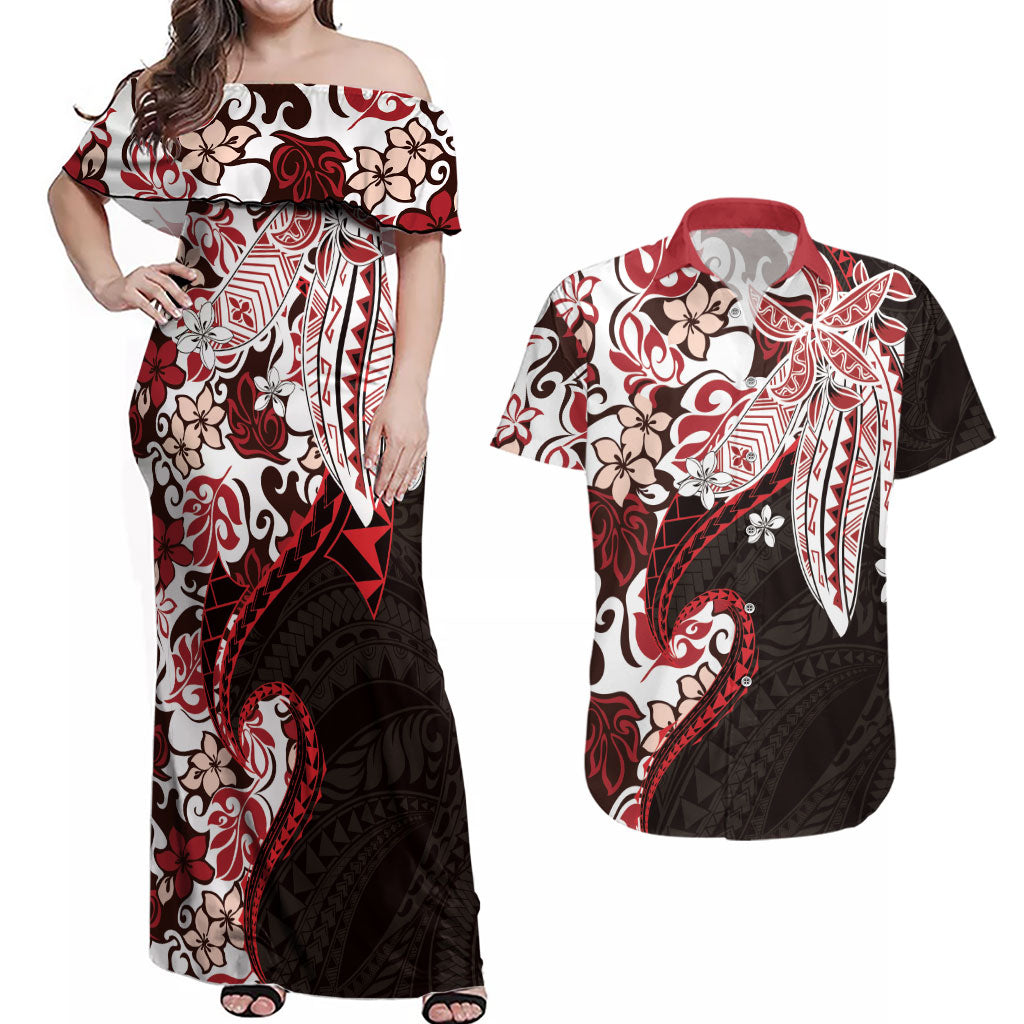 Monstera Plumeria Flowers Red Couples Matching Off Shoulder Maxi Dress and Hawaiian Shirt Polynesian Pattern LT01 Red - Polynesian Pride