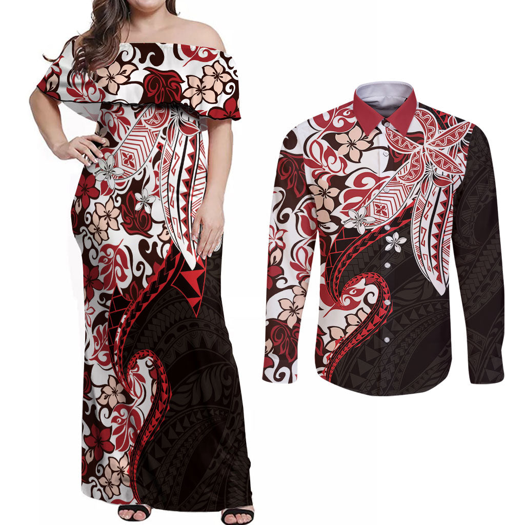 Monstera Plumeria Flowers Red Couples Matching Off Shoulder Maxi Dress and Long Sleeve Button Shirt Polynesian Pattern LT01 Red - Polynesian Pride