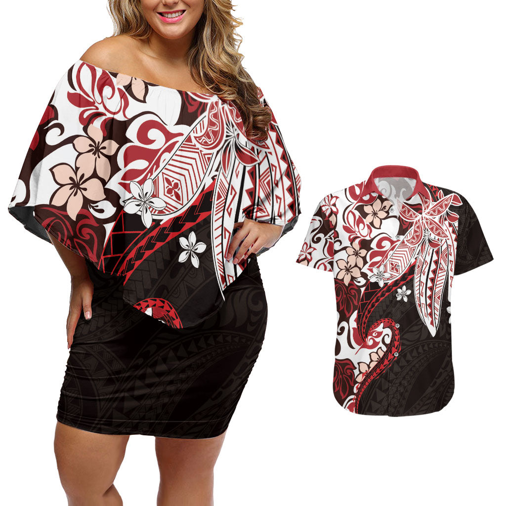 Monstera Plumeria Flowers Red Couples Matching Off Shoulder Short Dress and Hawaiian Shirt Polynesian Pattern LT01 Red - Polynesian Pride