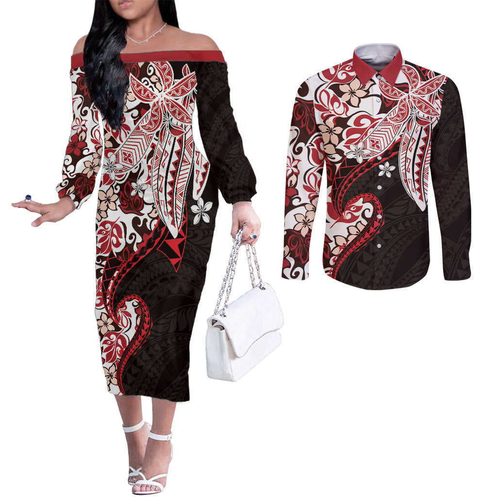 Monstera Plumeria Flowers Red Couples Matching Off The Shoulder Long Sleeve Dress and Long Sleeve Button Shirt Polynesian Pattern LT01 Red - Polynesian Pride