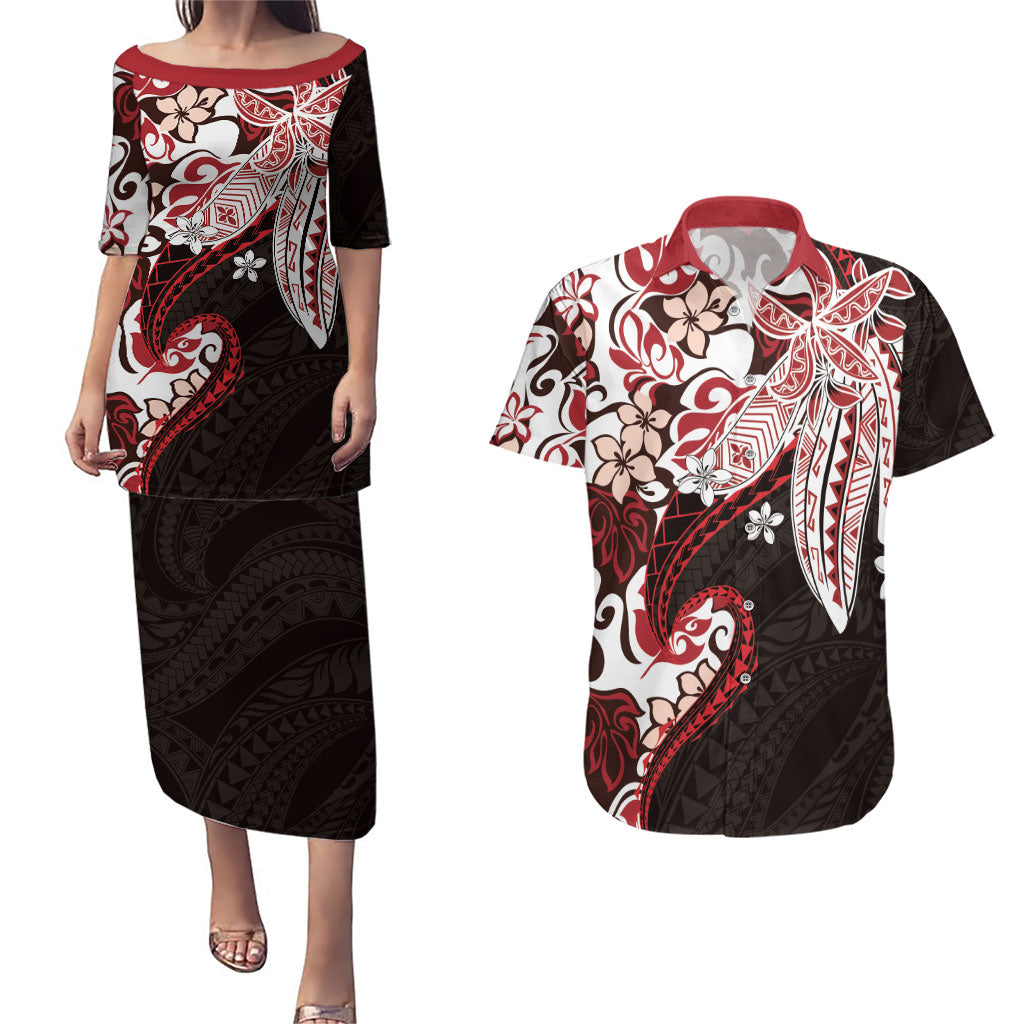 Monstera Plumeria Flowers Red Couples Matching Puletasi and Hawaiian Shirt Polynesian Pattern LT01 Red - Polynesian Pride