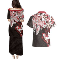 Monstera Plumeria Flowers Red Couples Matching Puletasi and Hawaiian Shirt Polynesian Pattern LT01 - Polynesian Pride