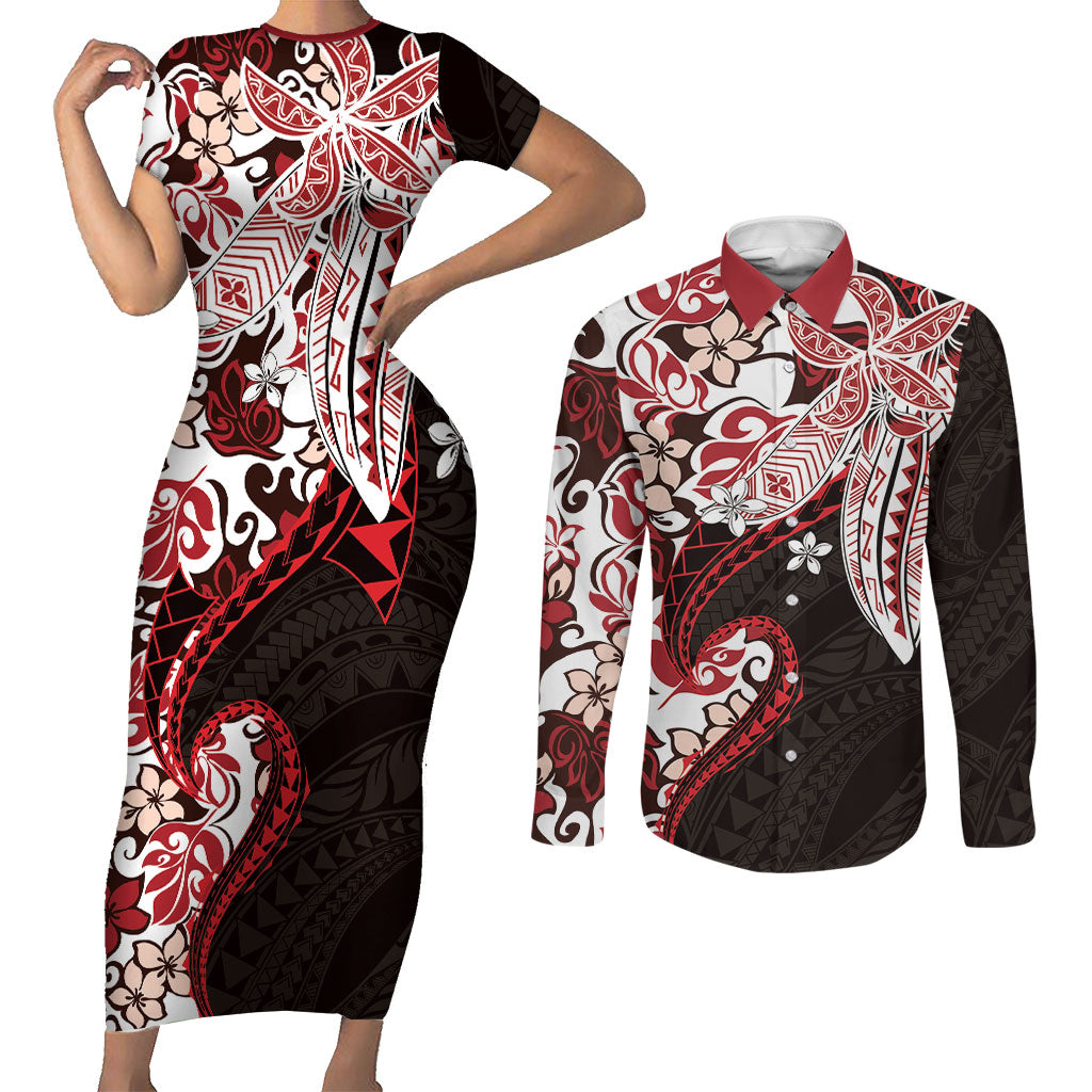 Monstera Plumeria Flowers Red Couples Matching Short Sleeve Bodycon Dress and Long Sleeve Button Shirt Polynesian Pattern LT01 Red - Polynesian Pride